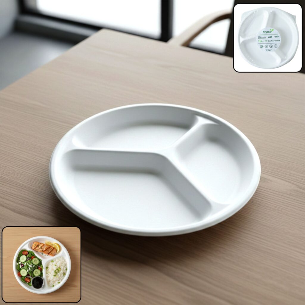 10 inch 3-compartment round compostable bagasse plate