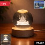 3D Crystal Lakshmi Ball LED Night Lamp with Wooden Base - Image 2
