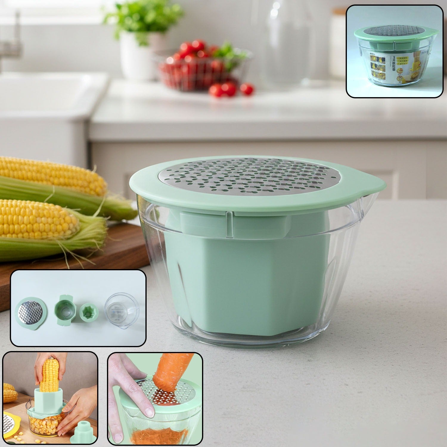 Multipurpose manual vegetable grater and corn kernel stripper with storage bowl