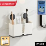 Wall Mounted 3 Compartment Toothbrush Holder with Adhesive Installation (1 Pc) - Image 2