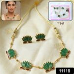 Traditional Green Lotus Design Necklace with Stud Earrings Set(1 Set) - Image 2