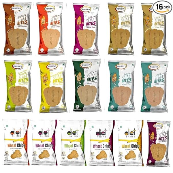 Maniarr’s Plain Slim Bites Khakhra 14 Flavors Combo Pack of 16 Wheat Khakhra