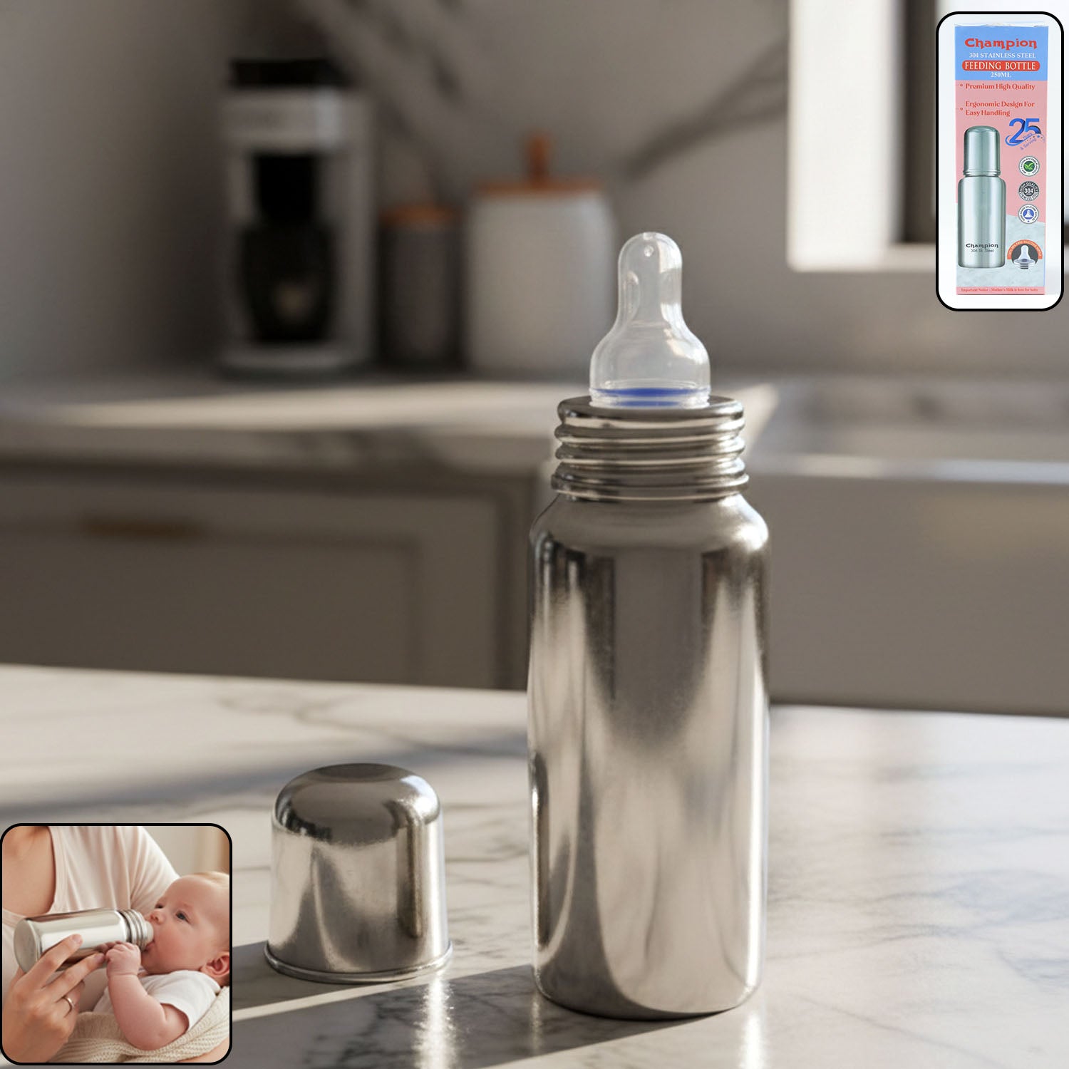250 ML Stainless Steel Baby Feeding Bottle with silicone nipple