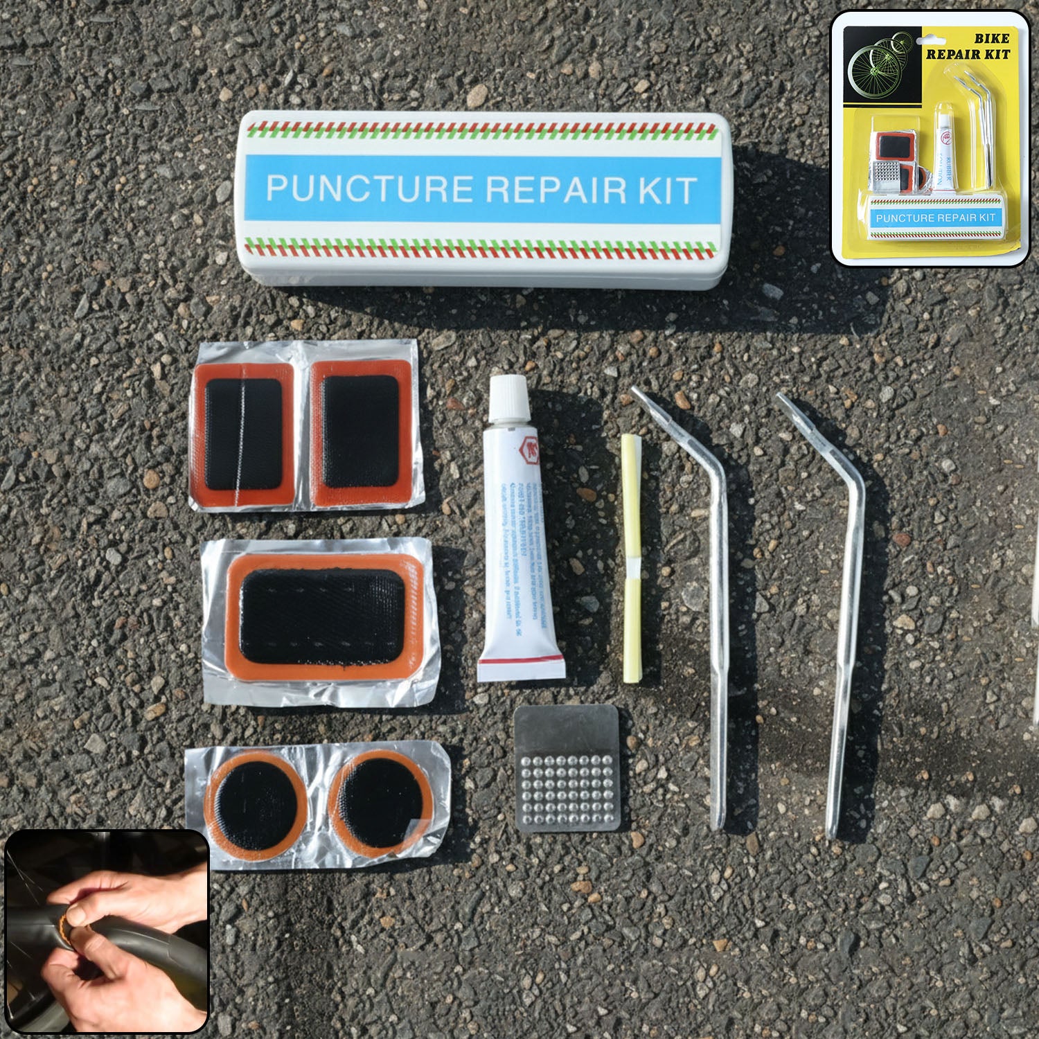 BikeRepairkit-WOSKU-01.jpg Bicycle Tire Repair Kit – Portable Puncture Repair Set with Adhesive (1 Set / Mix Design) - Image 1