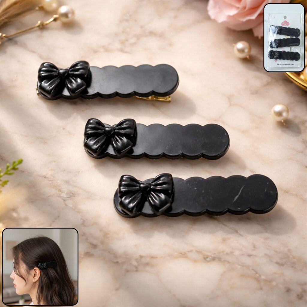 Pack of three elegant black bow decorative hair clips