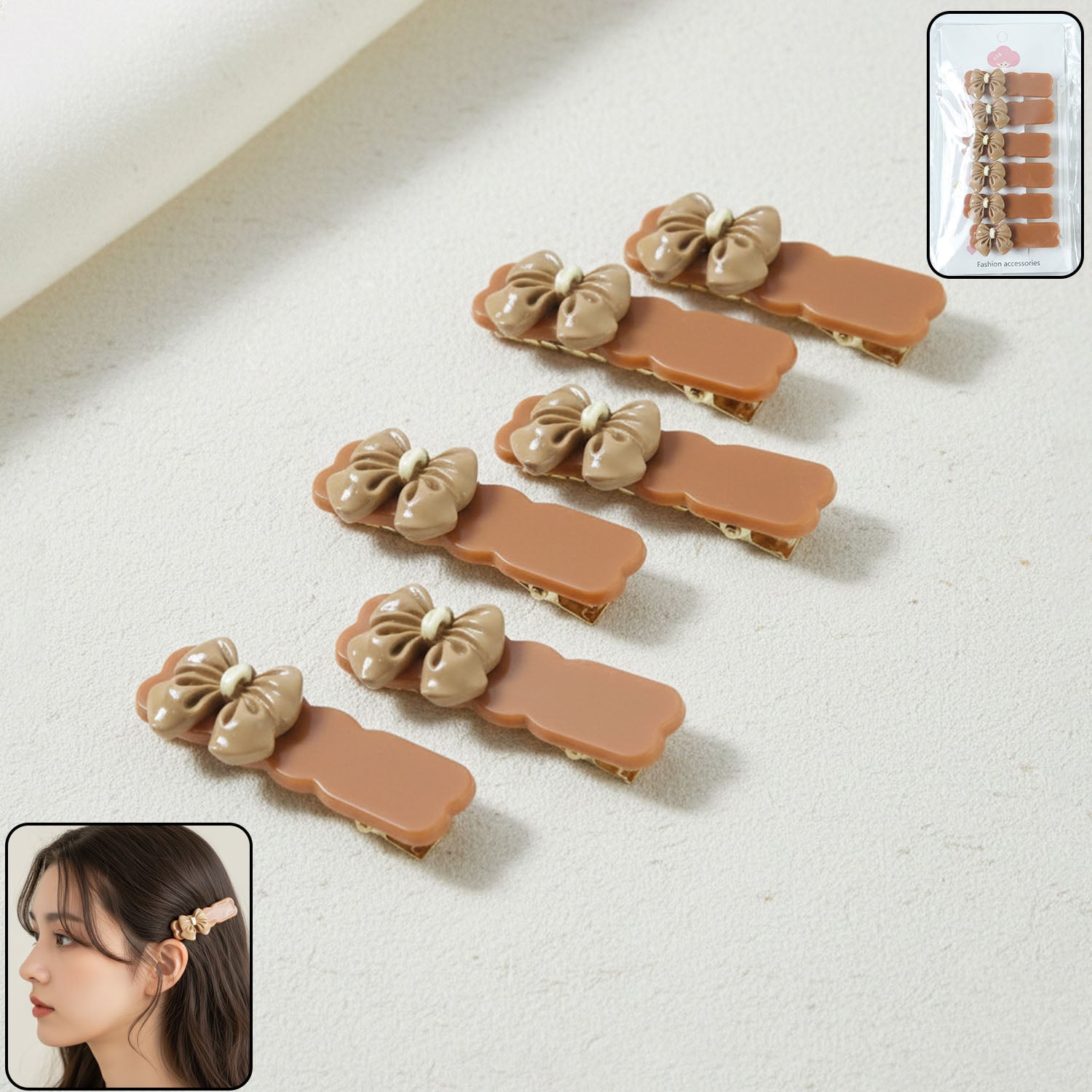 BrownRibbonHairClip-WOSKU-01.jpg Elegant Bow Design Premium Fashion Hair Clips (6 Pc) - Image 1