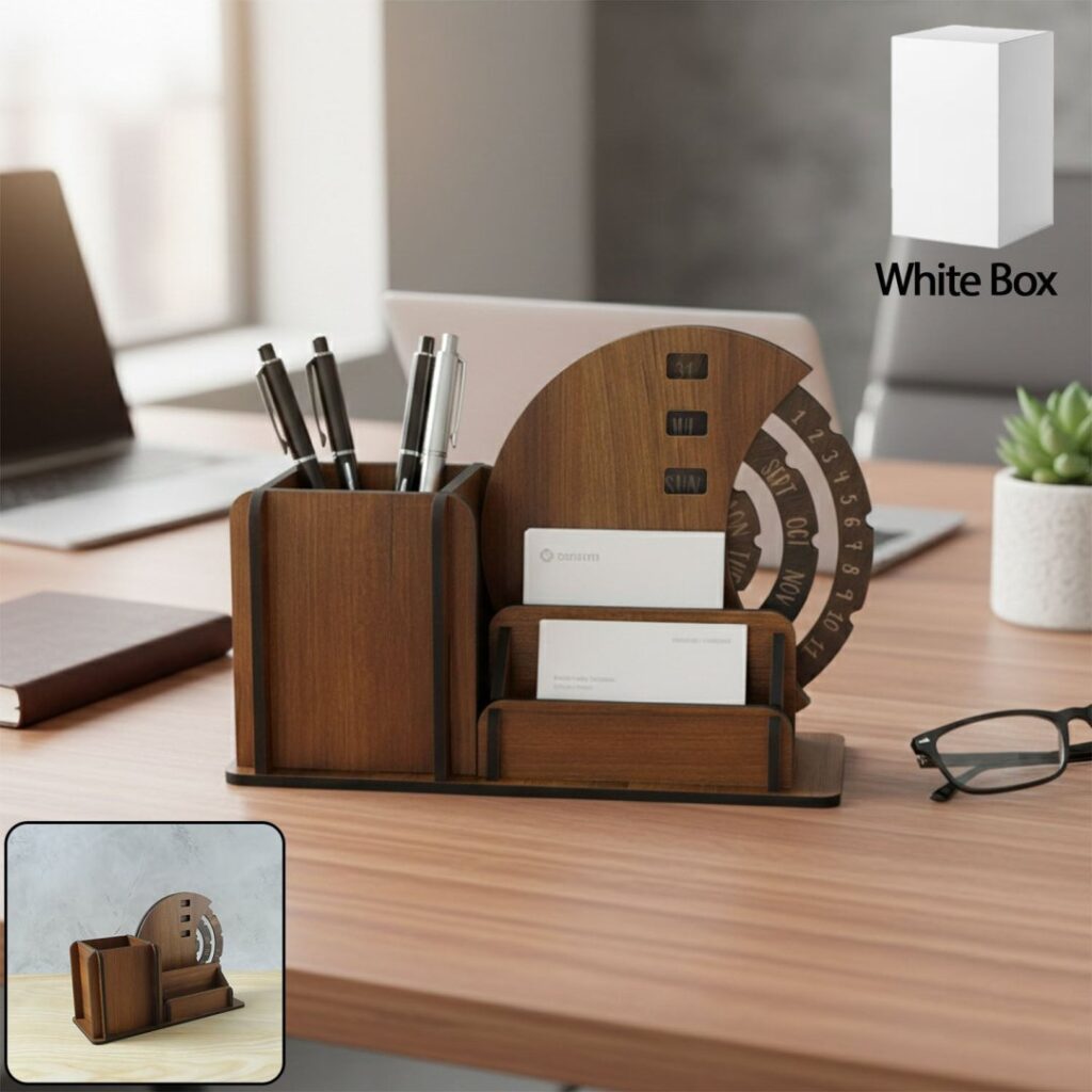 Wooden Desk Organizer Pen Stand with Rotating Calendar