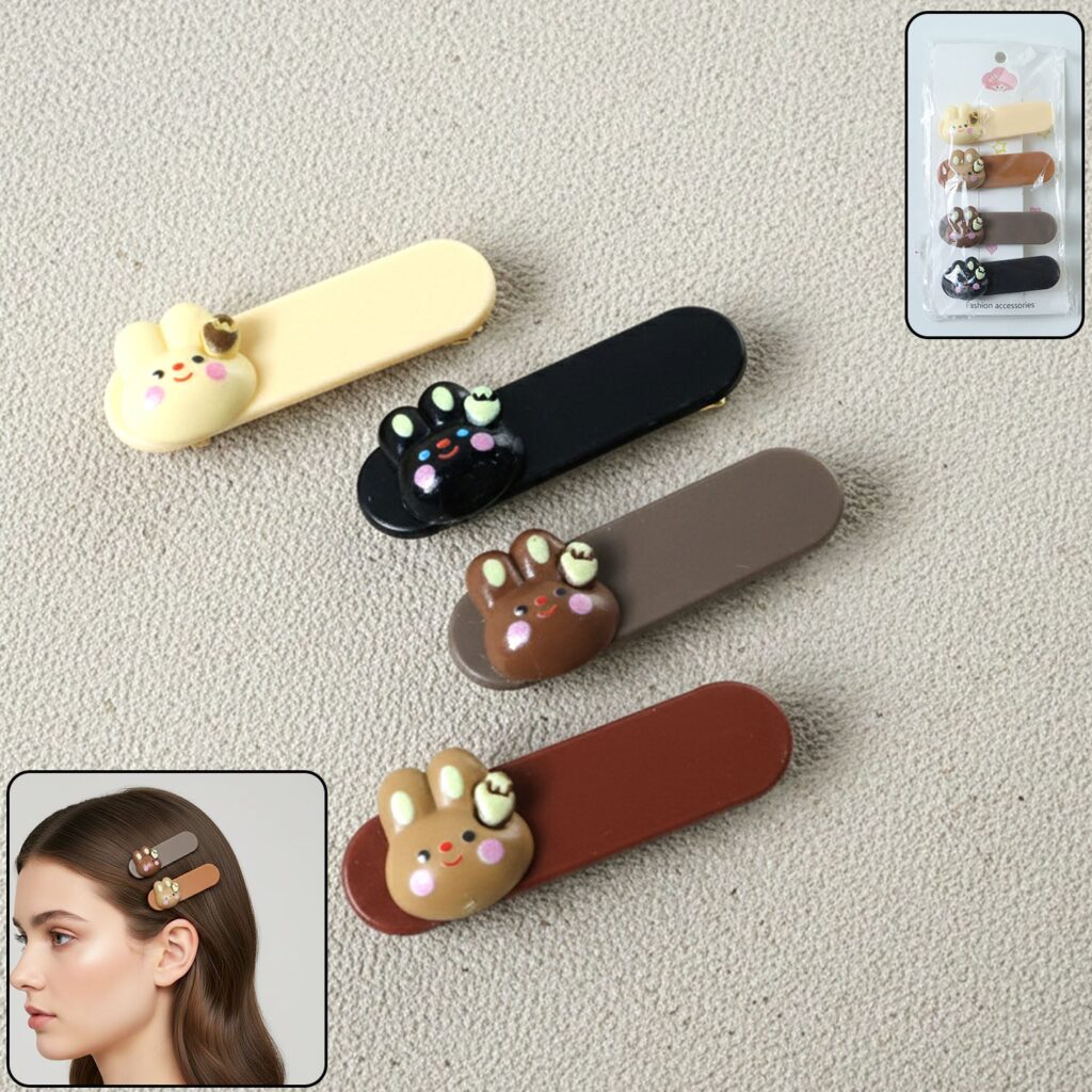 Set of four cute bunny face decorative hair clips