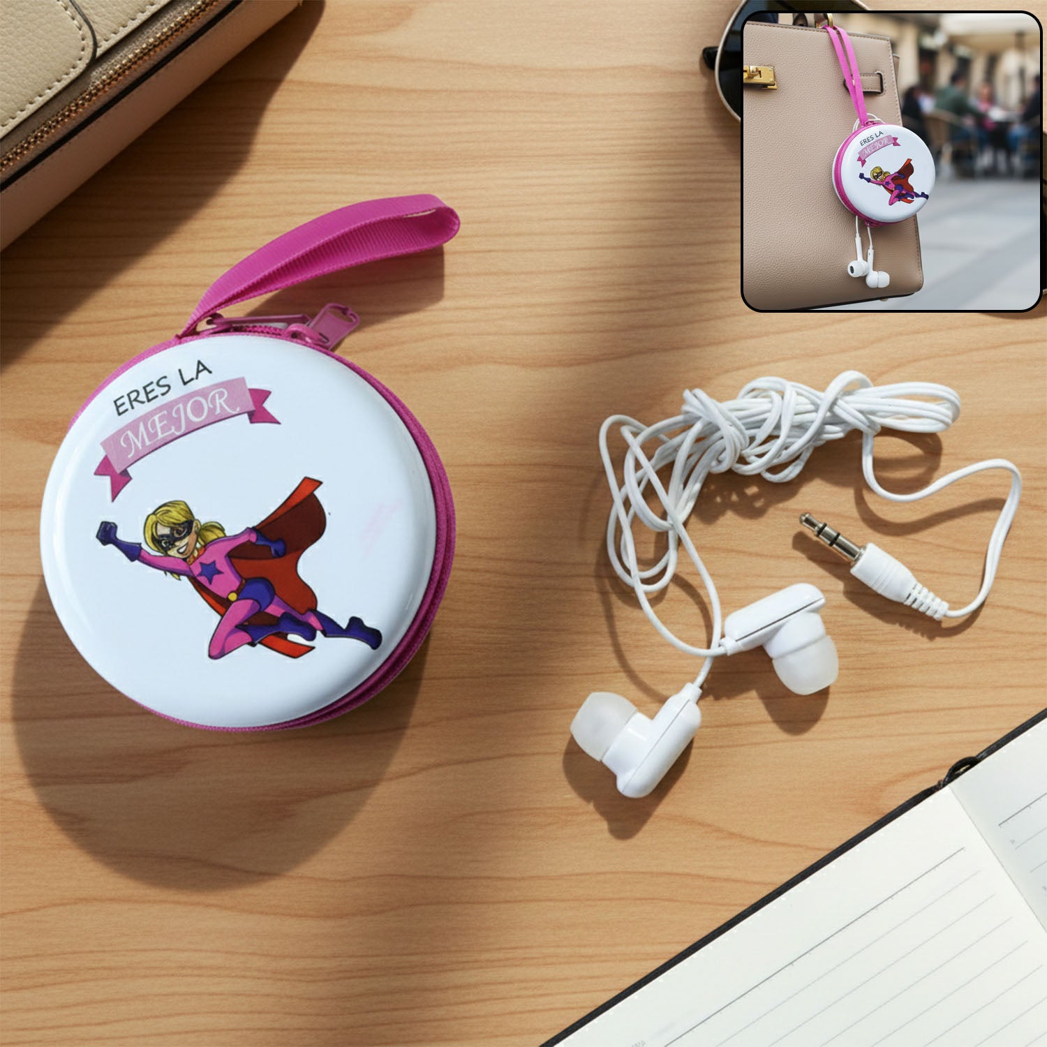 Portable round earphone carry case with wired earphones set