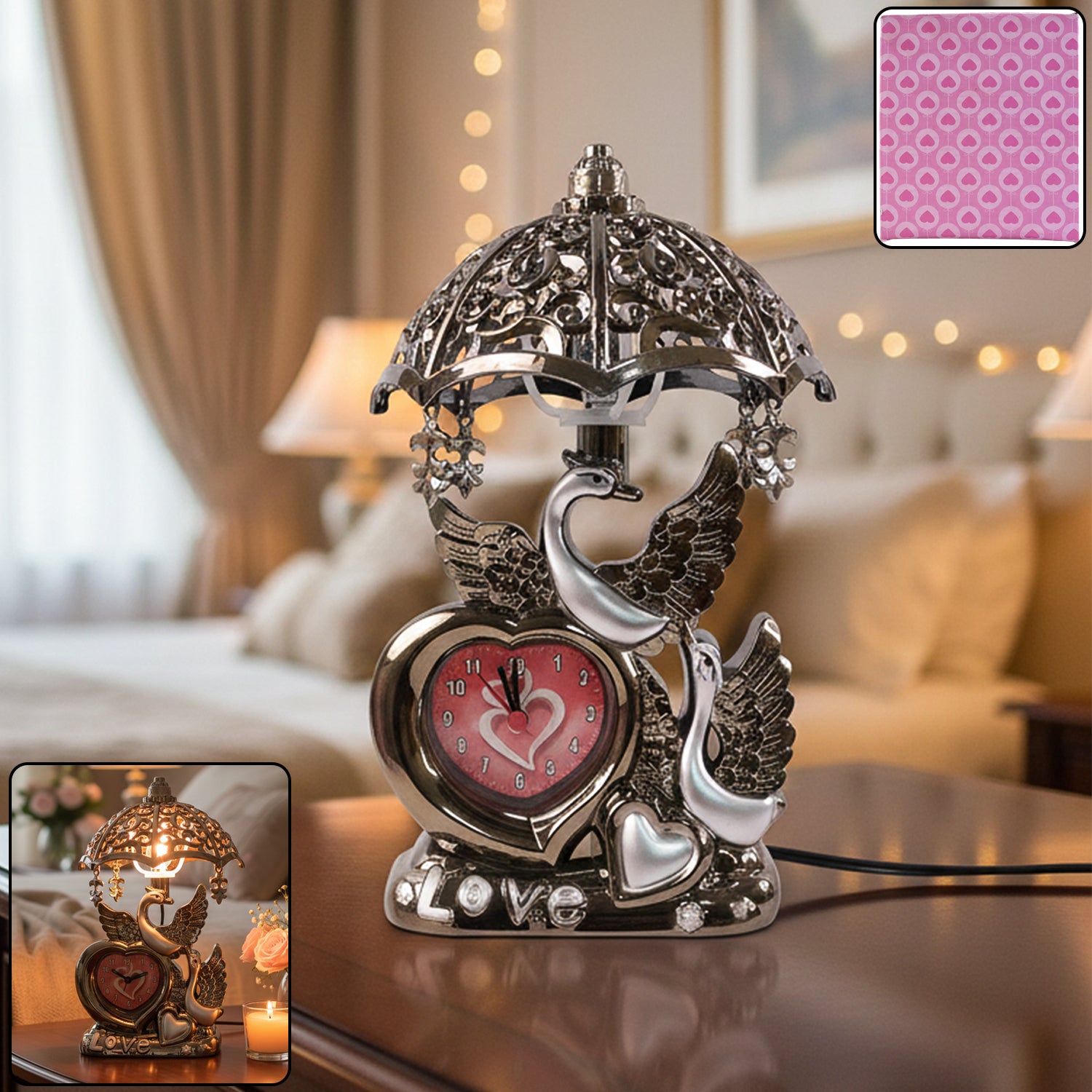 Clock-With-Lamp-01.jpg Decorative Swan Couple Table Lamp (1 Pc) - Image 1