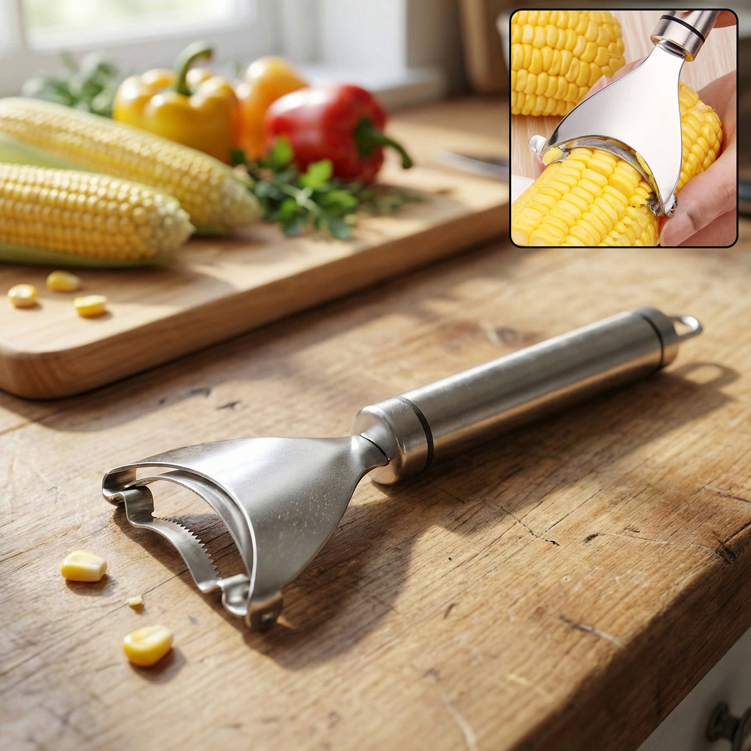 Stainless steel fruit and vegetable peeler with serrated blade