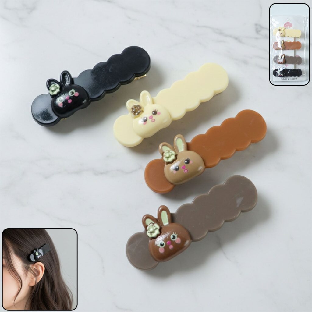 Set of four cute bunny cartoon decorative hair clips