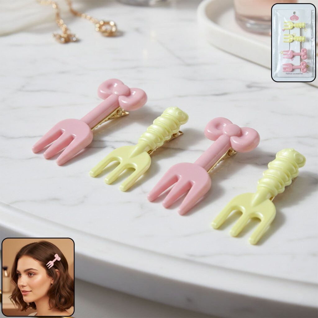 Set of 4 cute mini fork shaped hair clips for girls and women