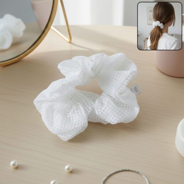 Elegant White Mesh Fabric Hair Scrunchie