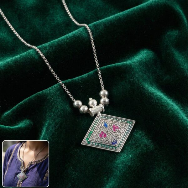 Traditional Square Motif Oxidised Silver Finish Pendant Necklace (1 Pc)