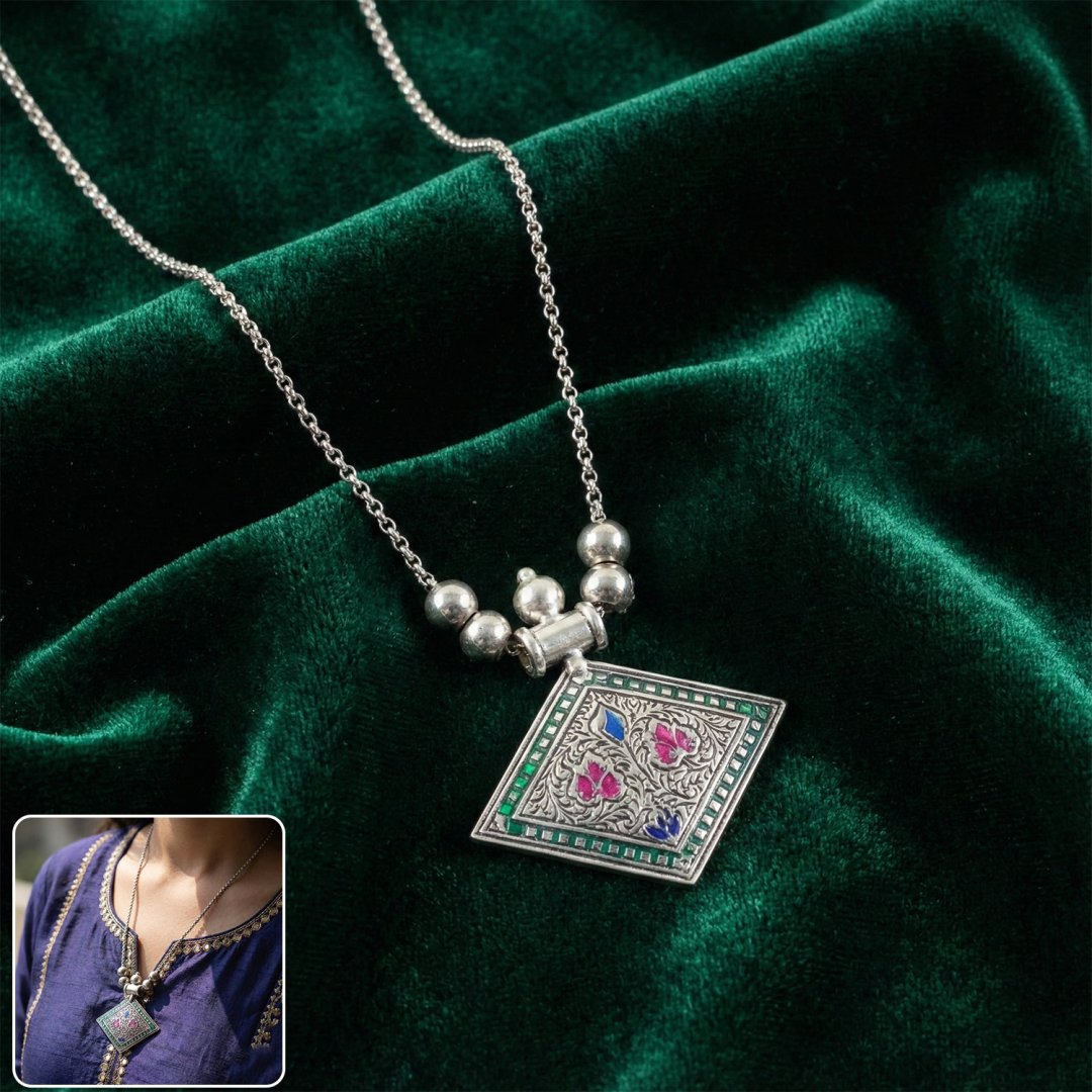EthnicPendantNecklace-WOSKU-01.jpg Traditional Square Motif Oxidised Silver Finish Pendant Necklace (1 Pc) - Image 1