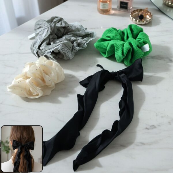 Stylish Fabric Hair Scrunchie with Bow Tie Design(1 Pc, Mix Color & Design)