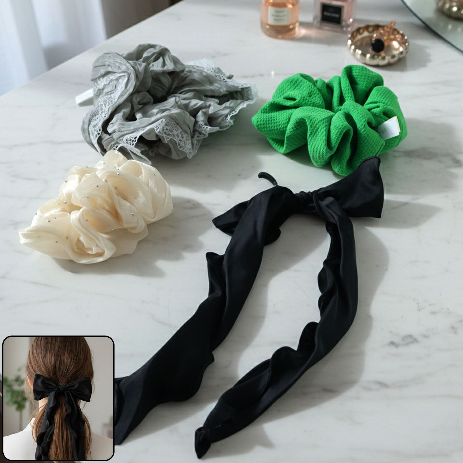 FashionHairScrunchies-WOSKU-01.jpg Stylish Fabric Hair Scrunchie with Bow Tie Design(1 Pc, Mix Color & Design) - Image 1