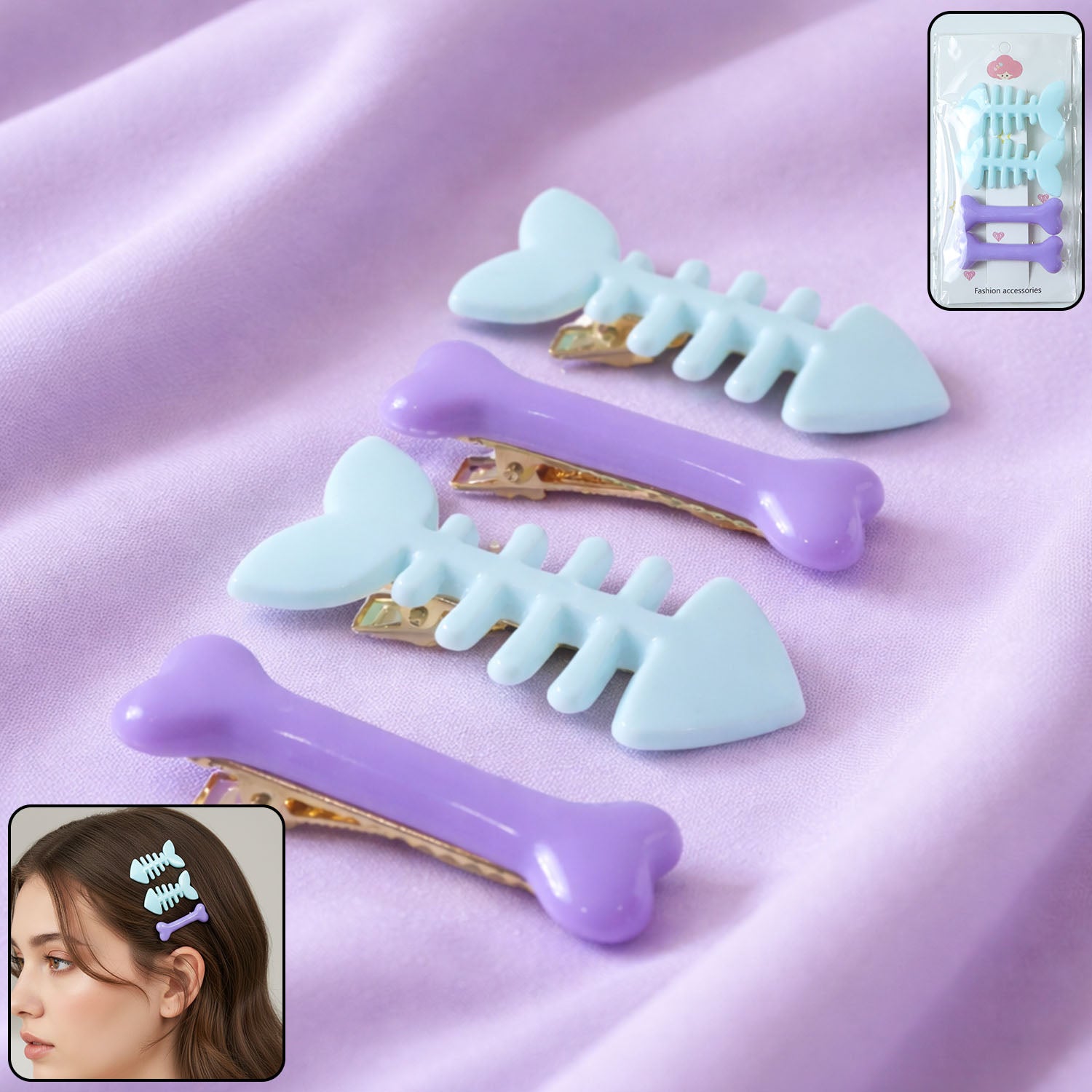 FishboneHairClip-WOSKU-01.jpg Set of 4 Cute Fishbone and Bone Shape Hair Clips
