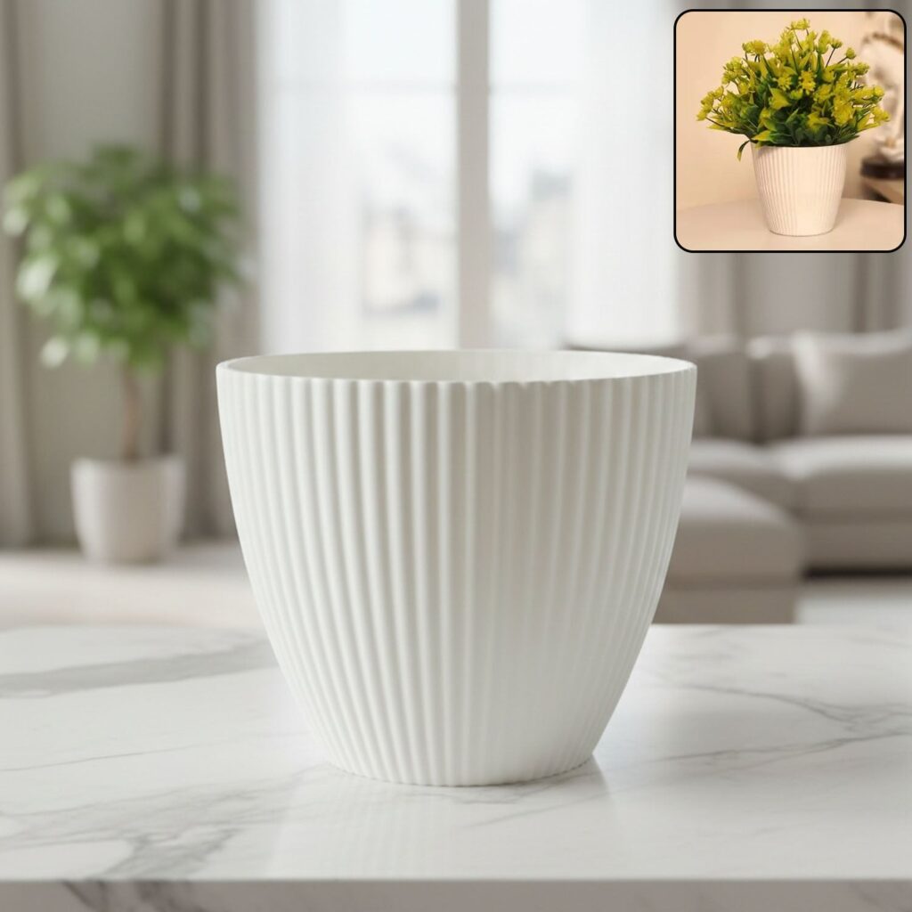 Premium White Ribbed Decorative Flower Pot