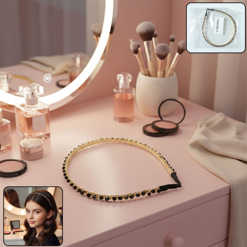 Elegant Gold Finish Decorative Hair Band with Black Beads