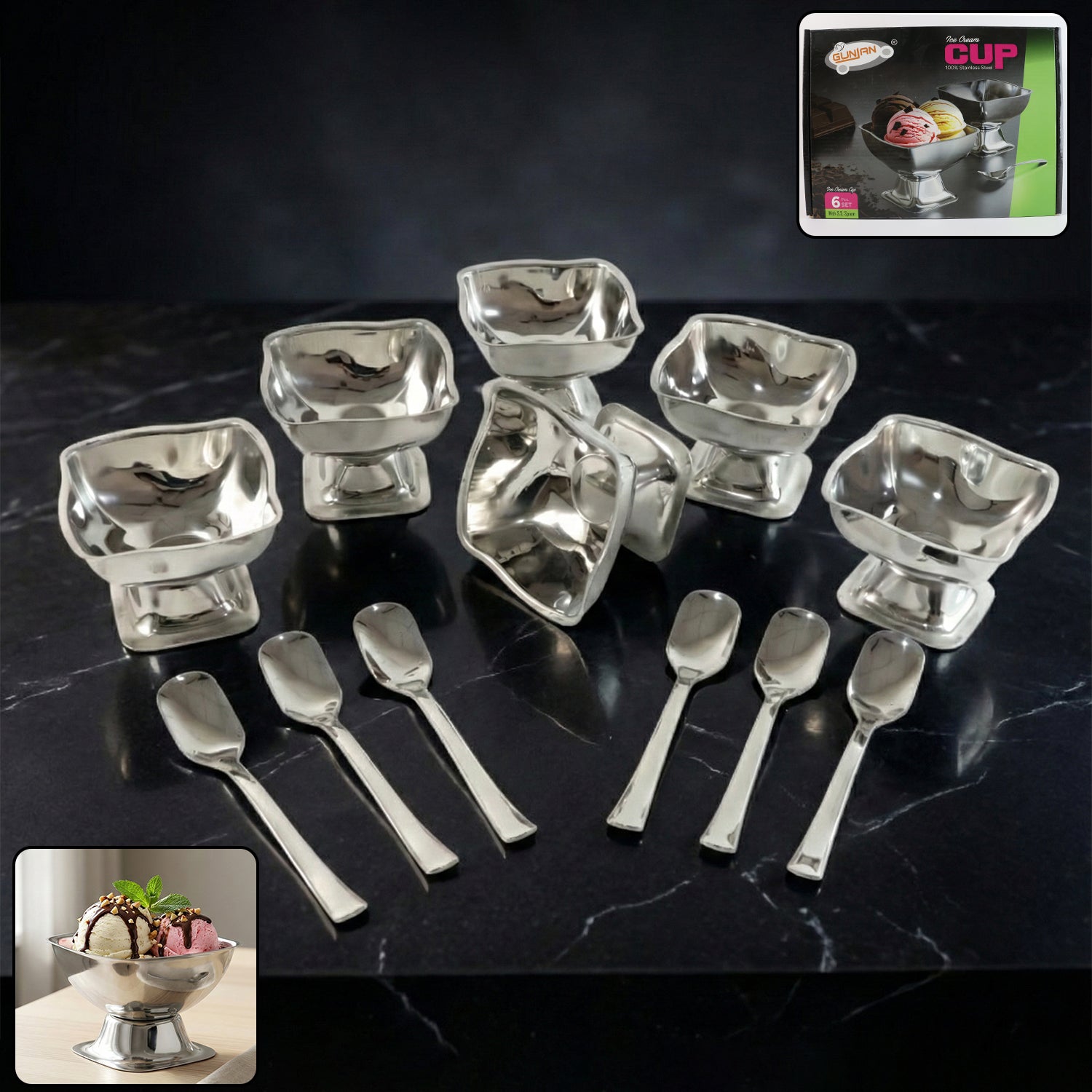 Premium Stainless Steel Ice Cream Cup and Spoon Set