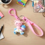 Cute Pig Riding Unicorn Cartoon Keychain with Pink Strap