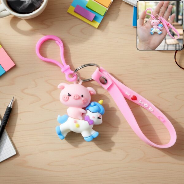 Cute Pig Riding Unicorn Cartoon Keychain with Pink Strap