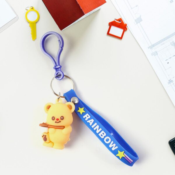 Cute Bear Character Keychain with Rainbow Strap