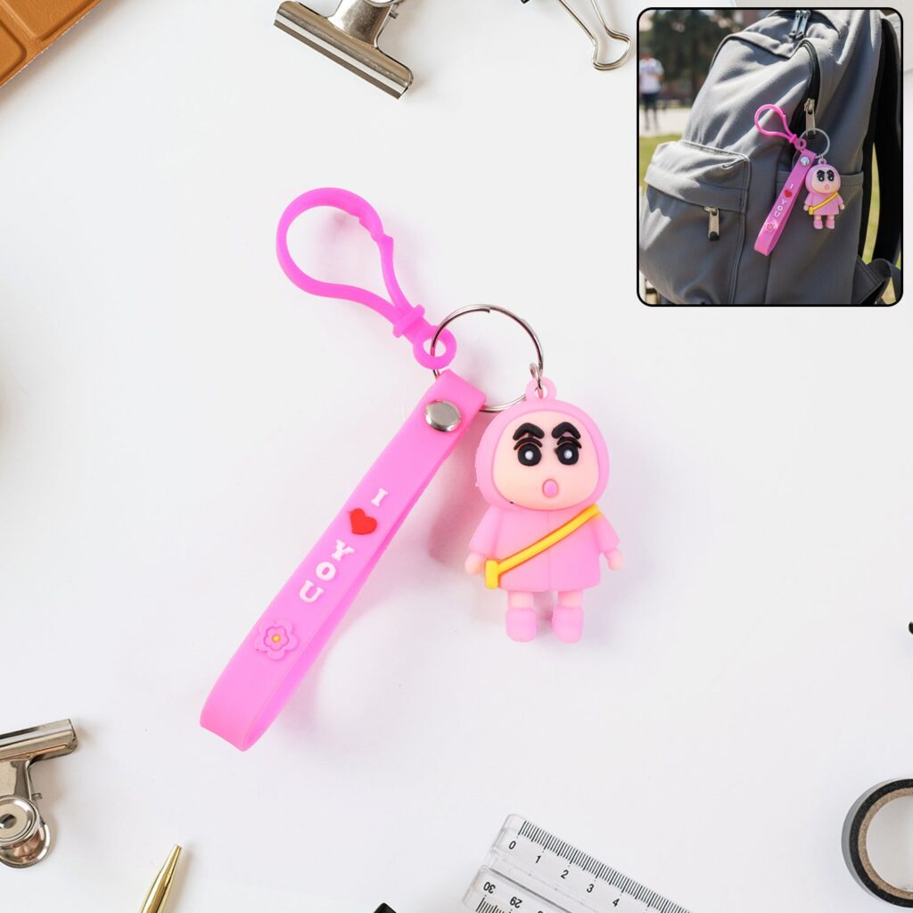 Cute Cartoon Doll Figure Keychain with Pink Strap