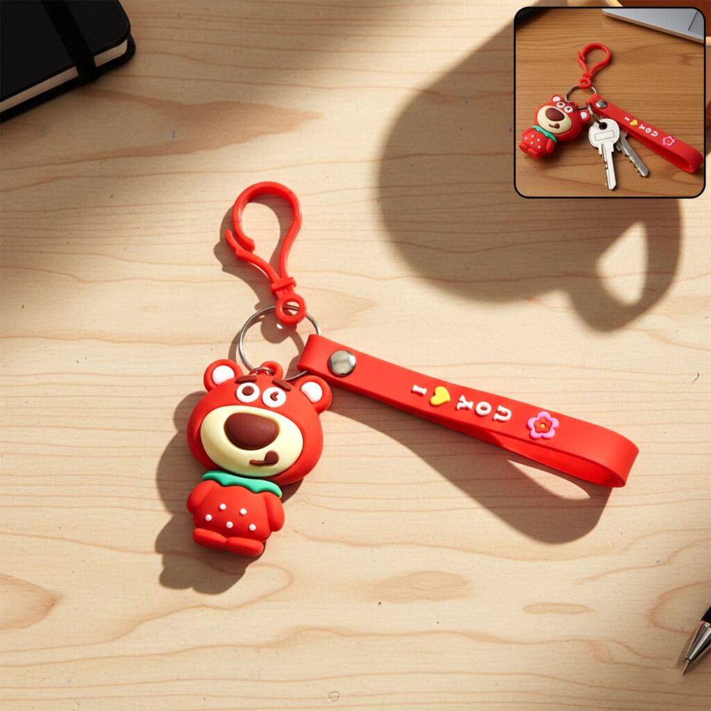 Cute Cartoon Bear Figure Keychain with Decorative Strap