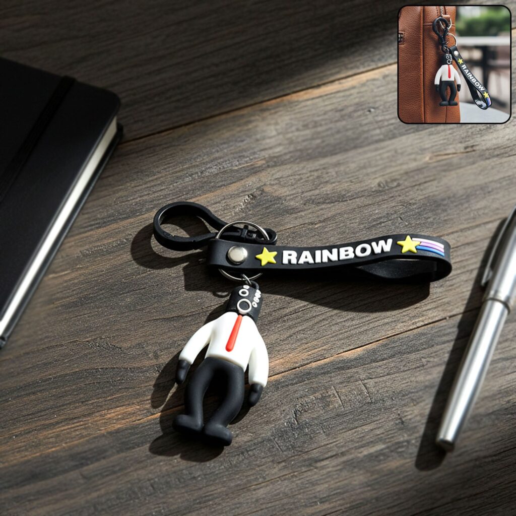 Stylish Cartoon Man Figure Keychain with Rainbow Strap