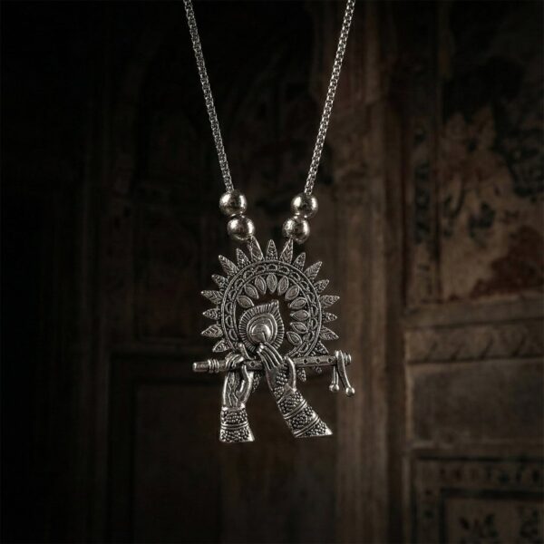 Oxidised Silver Finish Krishna Flute Pendant Necklace (1 Pc)