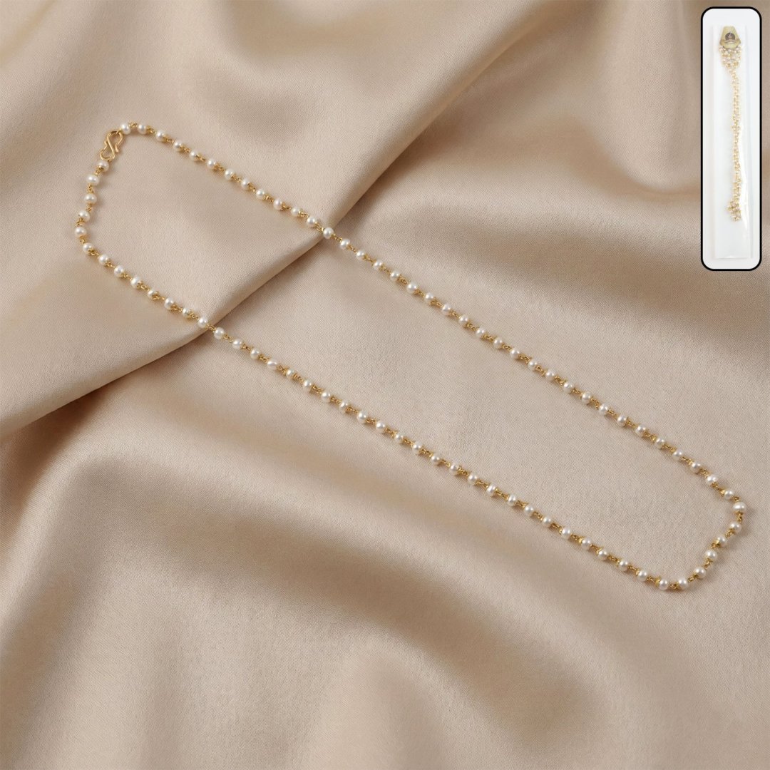 Elegant pearl beaded long necklace with gold-tone chain