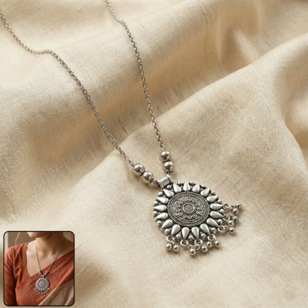 Oxidized Silver Finish Round Sunburst Pendant Necklace (1 Pc)