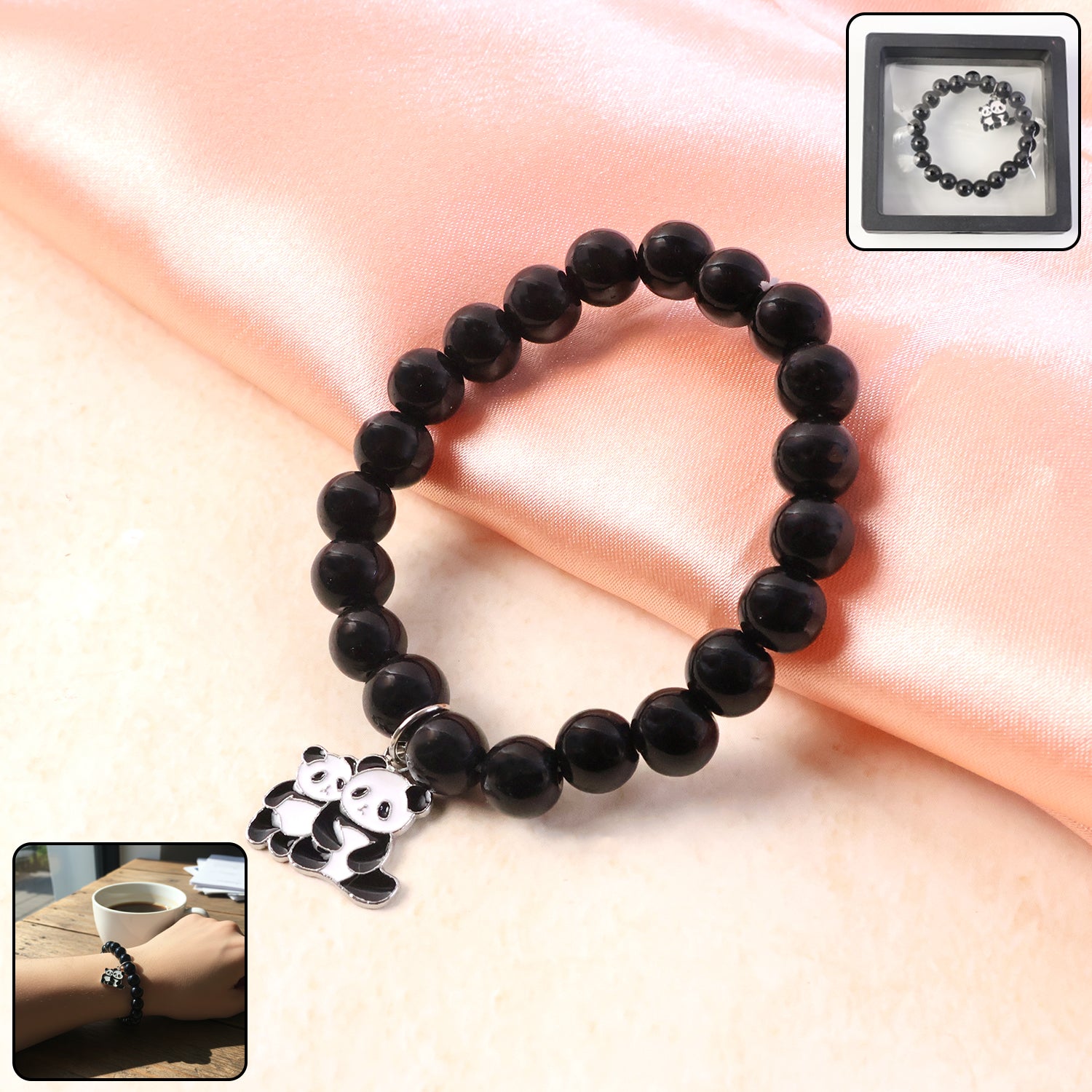 PandaBracelate-WOSKU-01.jpg Premium Black Beaded Stretch Bracelet with Cute Panda Charm (1 Pc) - Image 1