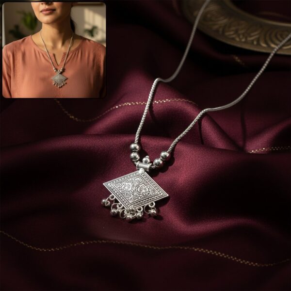 Antique Silver-Tone Square Floral Motif Oxidized Pendant Necklace (1 Pc)