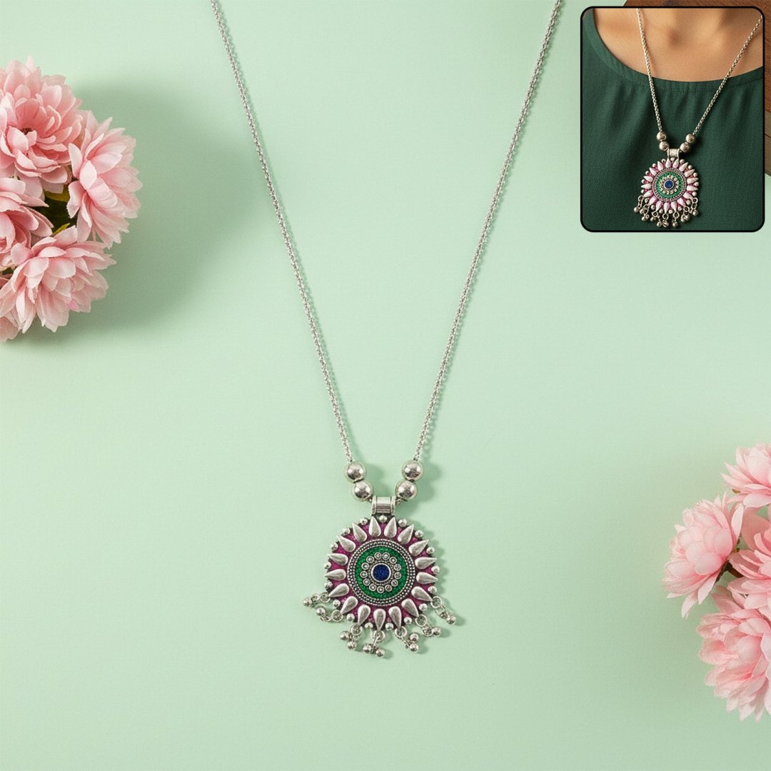 Plated-Necklace-01_338b7320-ba5b-4b2f-ac27-b8d323803e42.jpg Antique Silver-Tone Oxidized Circular Enamel Pendant Necklace (1 Pc) - Image 1