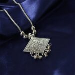 Antique Silver-Tone Square Floral Motif Oxidized Pendant Necklace (1 Pc) - Image 6