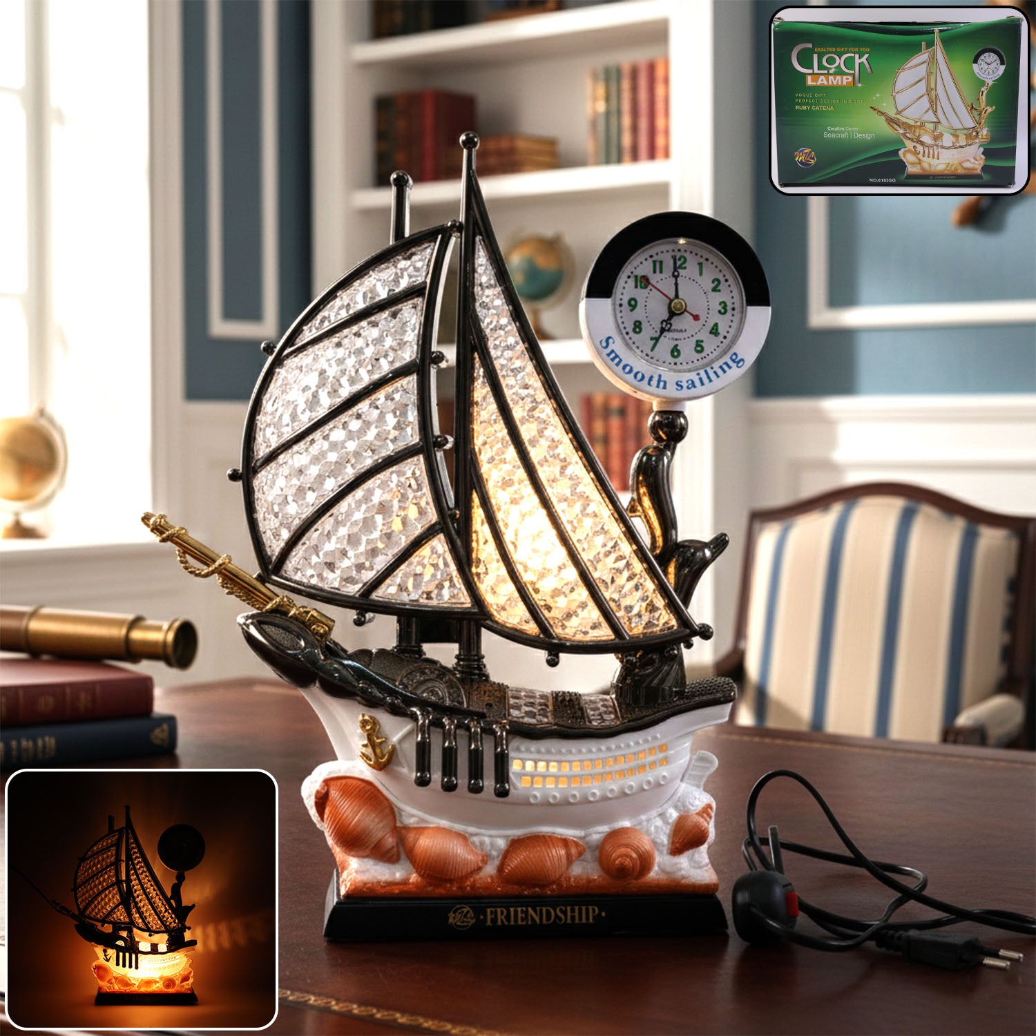 ShipShapeTableLamp-WOSKU-01.jpg Decorative Ship Shape Clock Lamp (1 Pc) - Image 1