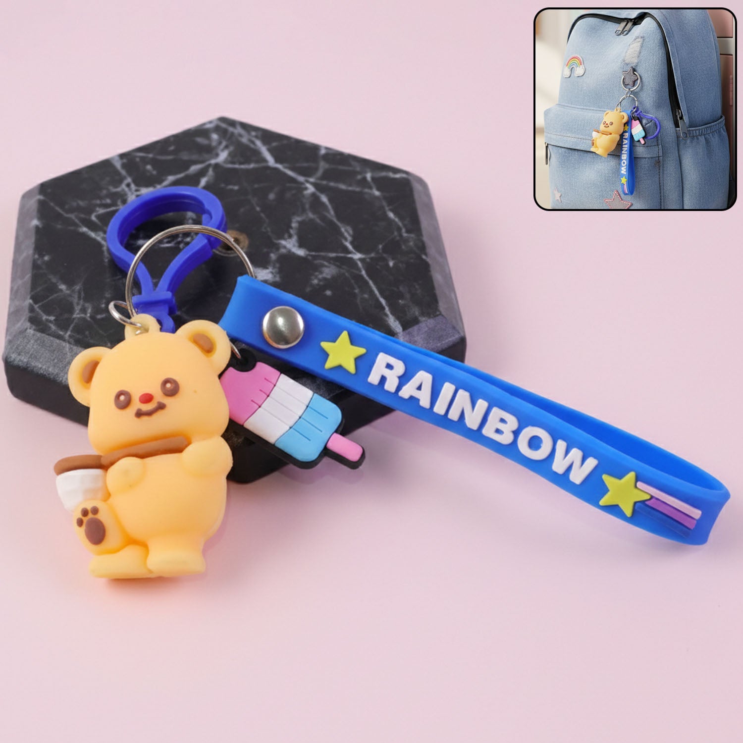 TeddyBearKeychain-WOSKU-01.jpg Cute Bear Cartoon Keychain with Rainbow Strap