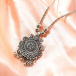 Oxidized Silver Finish Sunburst Floral Pendant Necklace (1 Pc) - Image 4
