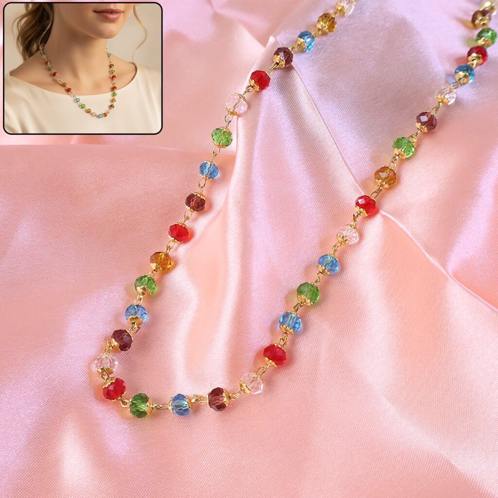 Multicolour crystal beaded necklace with gold-tone links