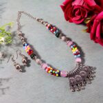 Premium Multicolor Beaded Oxidised Necklace (1 Pc Set) - Image 6
