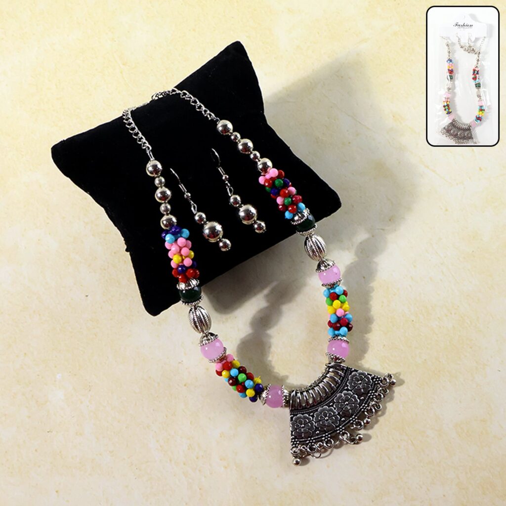 Multicolor beaded oxidised necklace set with matching earrings