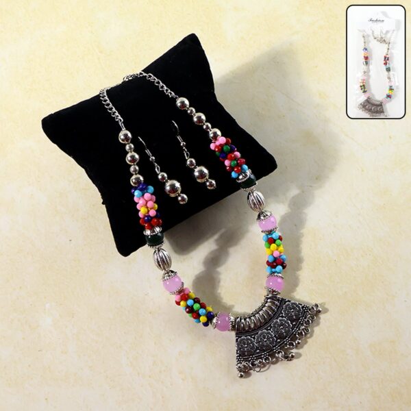 Multicolor beaded oxidised necklace set with matching earrings