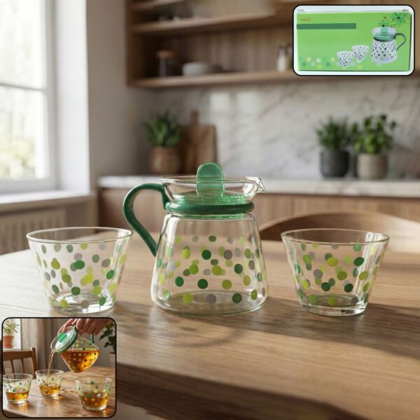 Elegant Glass Tea Pot with Matching Polka Dot Cups