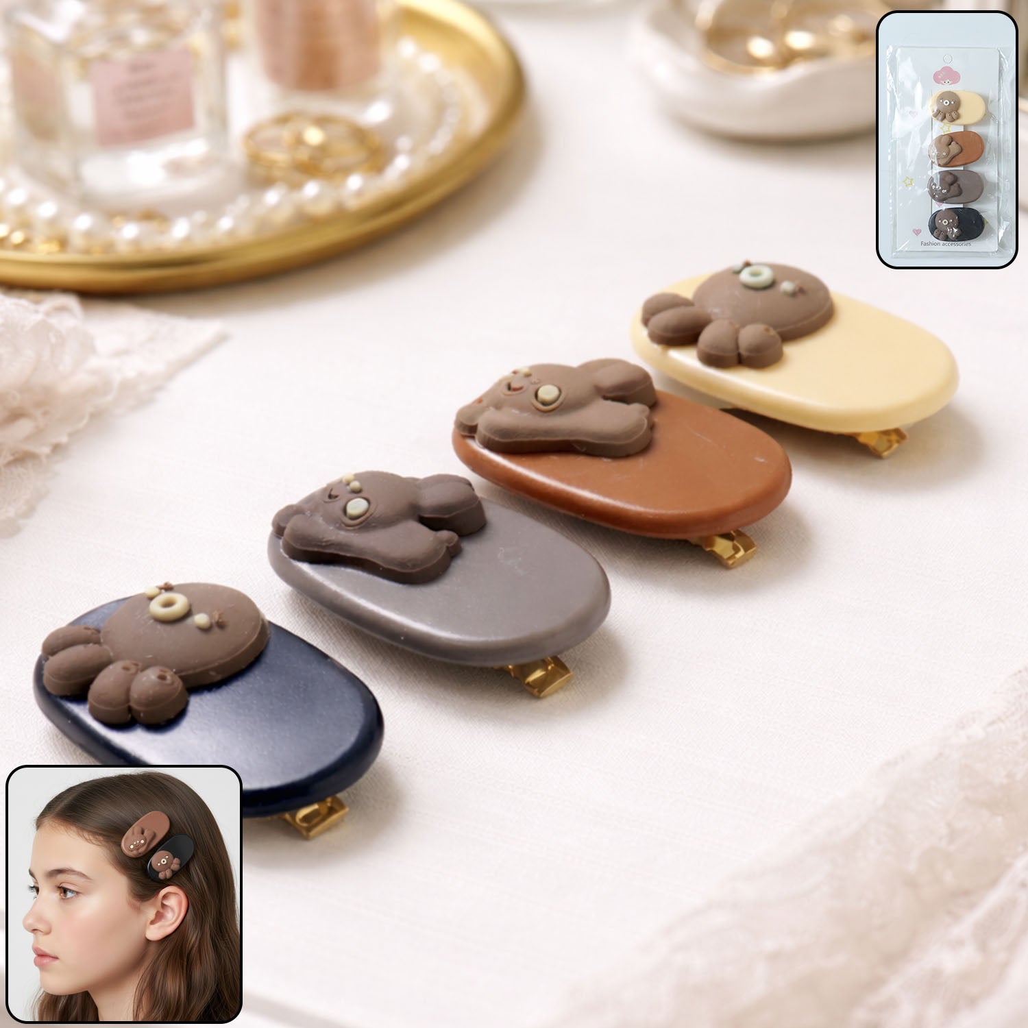 Set of 4 cute cartoon bear design hair clips for girls