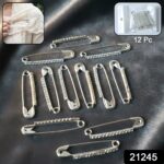 Decorative Silver Finish Safety Pin Brooch Set (12 Pc Set) - Image 2