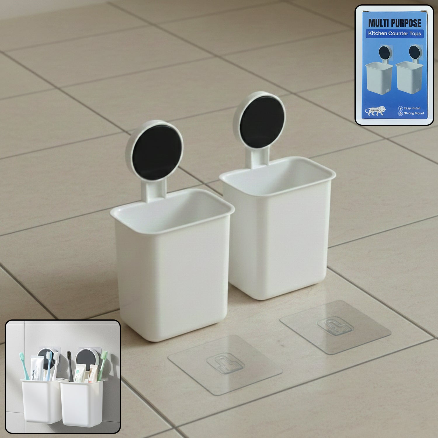 Set of 2 Wall Mounted Plastic Toothbrush Holders